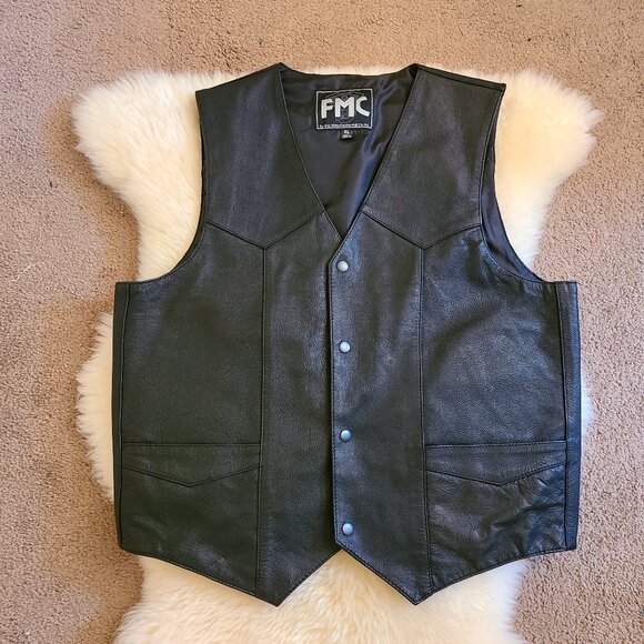 FMC Men's Classic‎ Black Leather Motorcycle Vest- XL - Picture 1 of 7